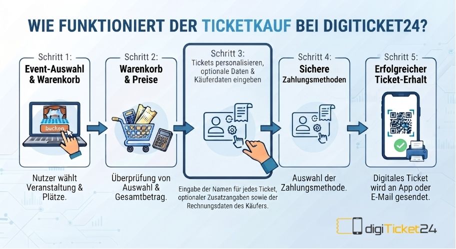 Wie funktioniert der Ticketkauf bei digiTicket24? - Übersicht der 5 Schritte